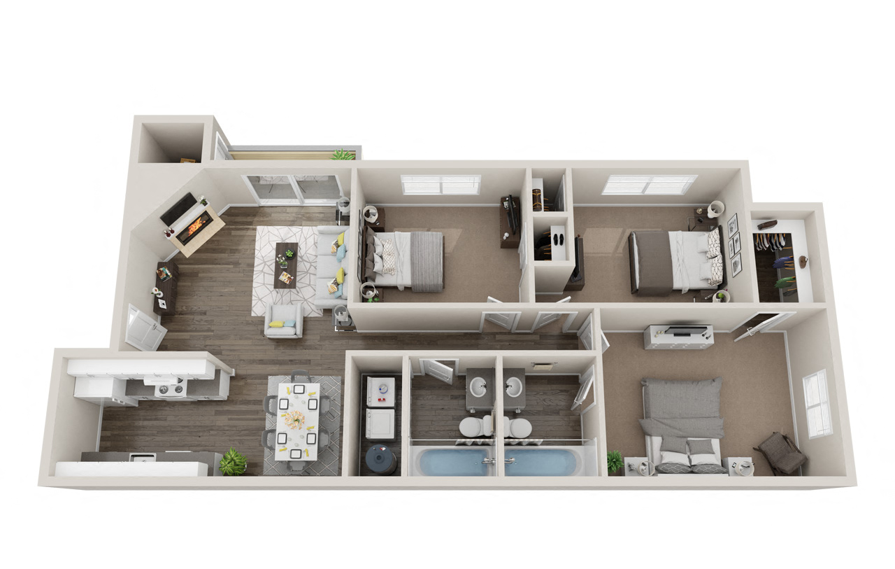Floor plan for 3 beds, 2 baths, 995 sqft